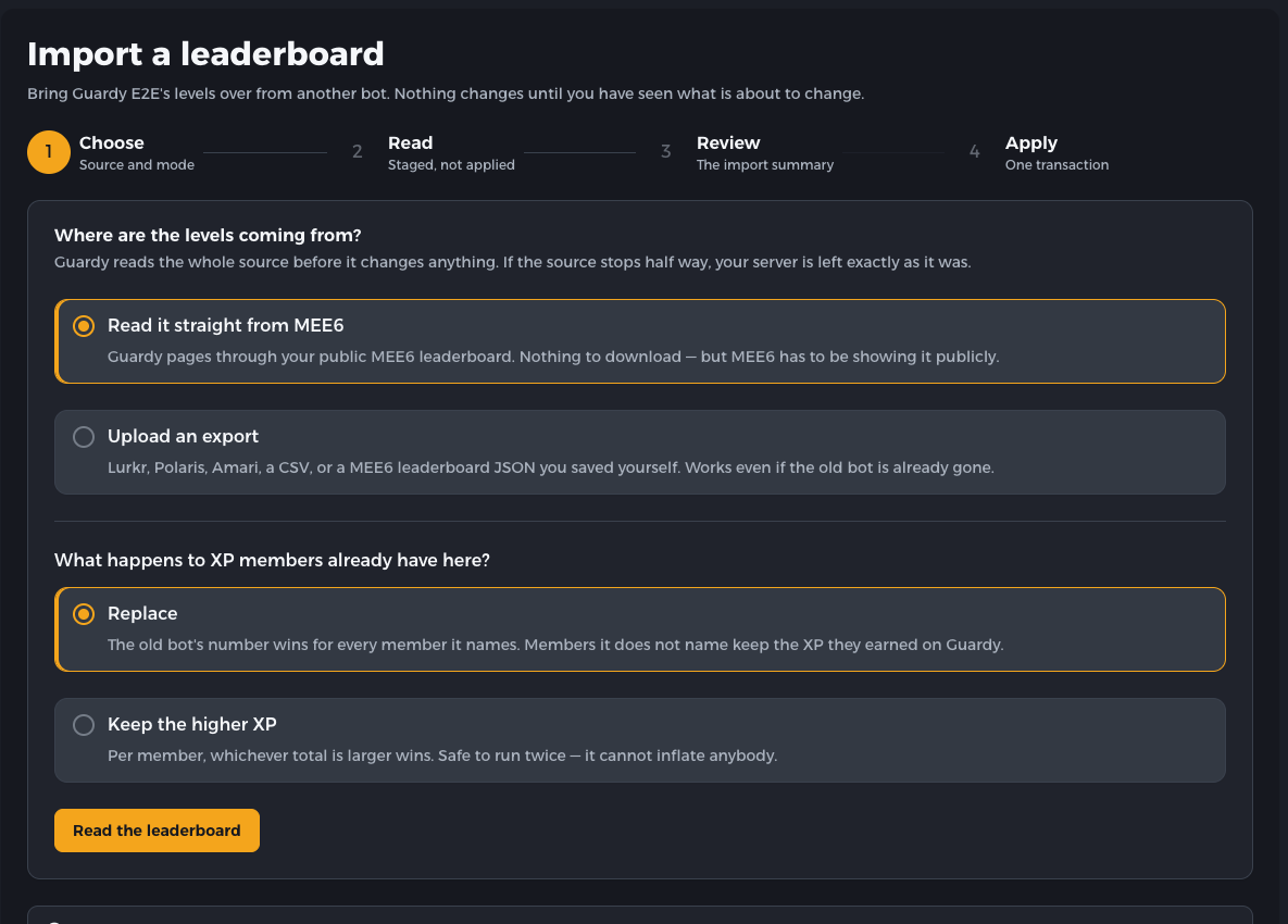 Guardy import source screen with the direct public MEE6 reader selected and Replace chosen