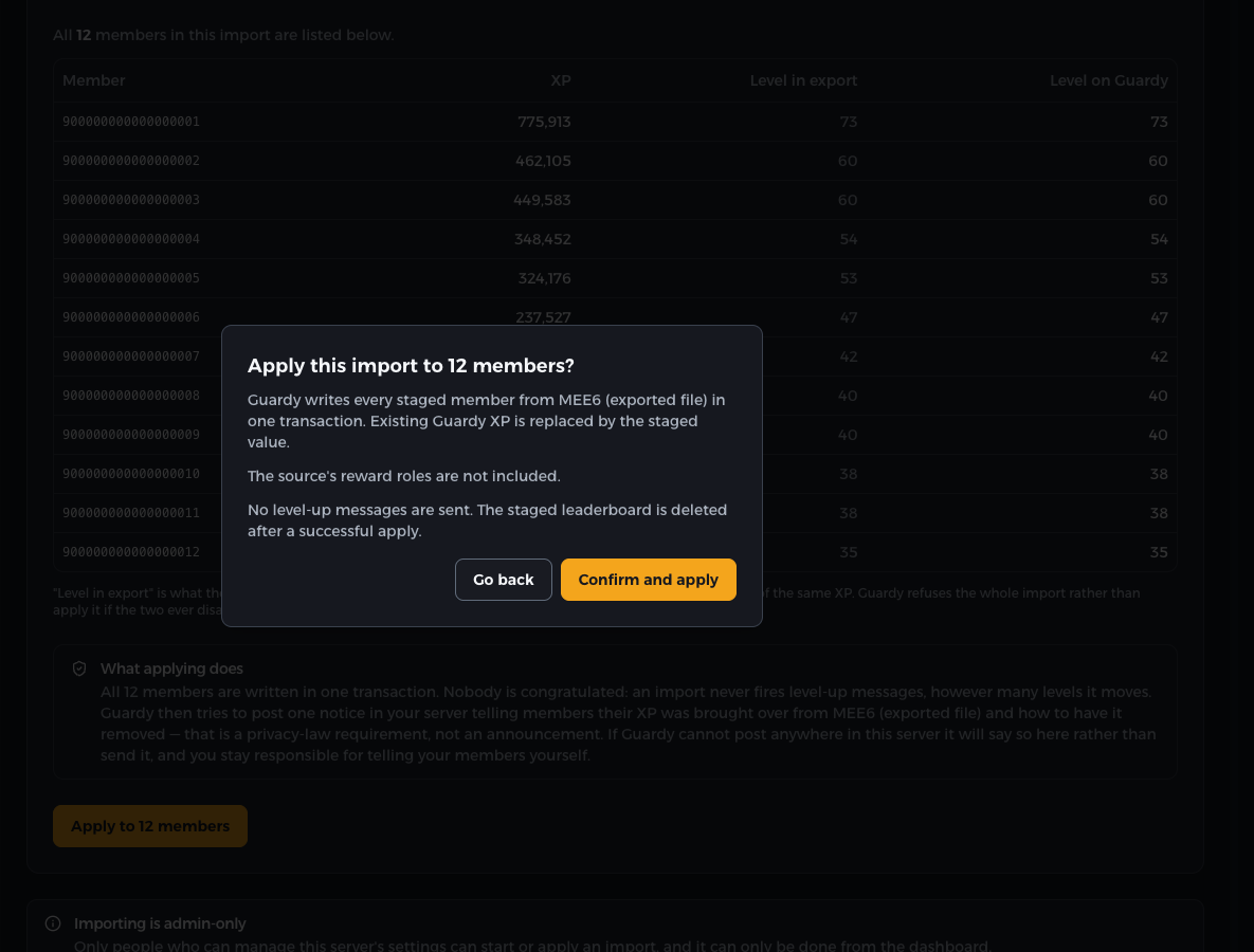 Guardy confirmation dialog explaining the 12-member transaction, excluded file reward roles, and staging cleanup