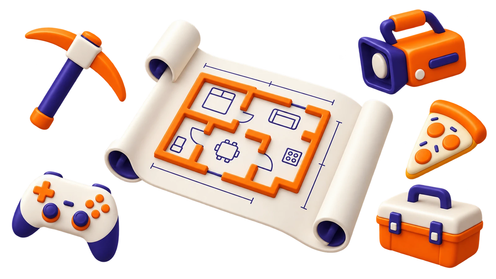 A server blueprint surrounded by a pickaxe, a game controller, a camera, a pizza slice and a toolbox, one for each template